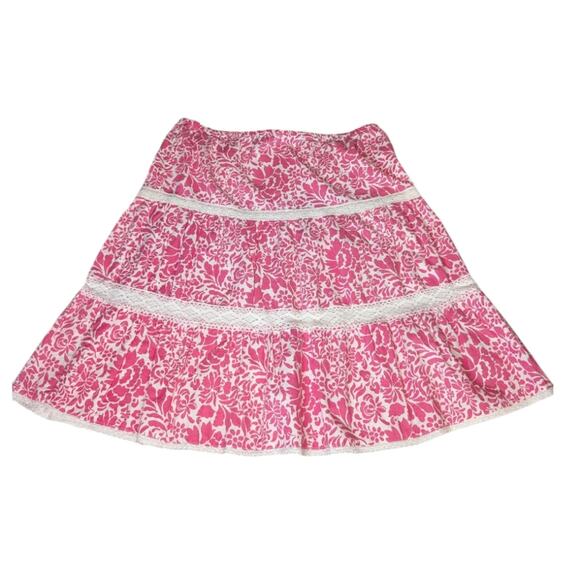 Y2K Low Waist Floral Print Tiered Peasant Prairie Skirt Crochet Lace Trim Pink 6 - Picture 3 of 5
